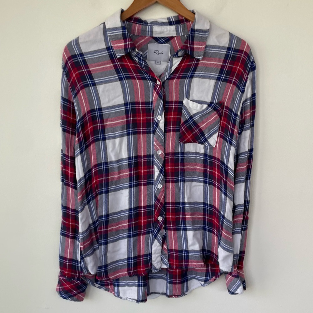 Rails Hunter White Rose Navy Plaid Long Sleeve M Medium 100% Rayon - Picture 3 of 11